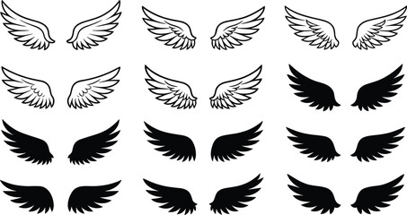 Black wing illustration icons set, feather outline silhouette fantasy tattoo logo design angel bird creative inspiration decorative pattern © MD