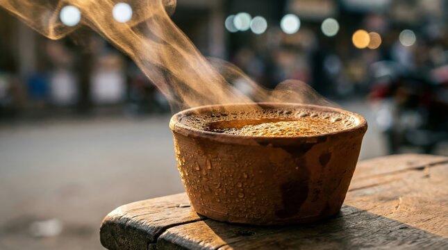 Pakistani chai karak in clay cup with steam, macro photography