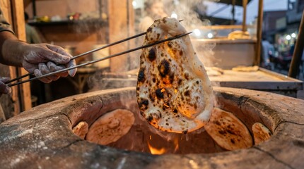 Naan bread being lifted from tandoor, steam rising, fire reflection