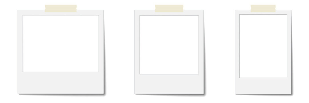 Transparent PNG overlay with instant photo frame and polaroid picture wall frames realistic portrait blank film frame mockup with adhesive tape shadow effect on transparent background