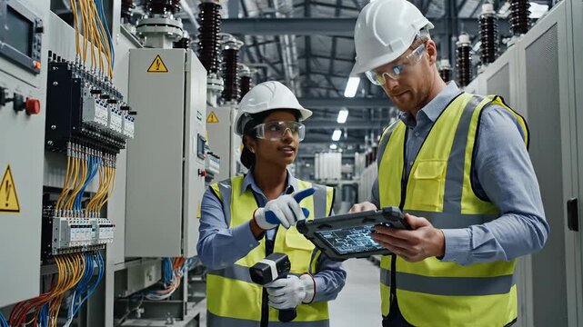 Diverse engineers inspect electrical panel with tablet and scanner in industrial facility