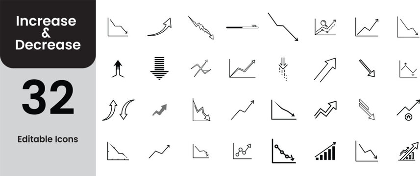 Collection of 32 increase and decrease icons for infographics