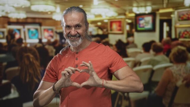 Man with long gray hair smiling while forming a heart with hands in building art gallery among seated viewers; love kindness warmth.