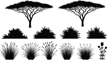 Black savanna tree silhouettes with acacia, desert shrubs, and wild grass icons & isolated vector nature elements for African landscape design. © Shahariay
