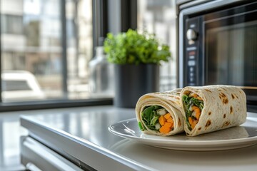 Healthy vegetable wrap on a plate in a modern kitchen