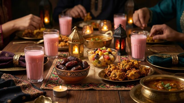 Ramadan iftar table with dates, fruit chaat and rose milk