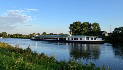 Fototapeta premium Large white houseboat cruising on a calm river with green trees and blue sky
