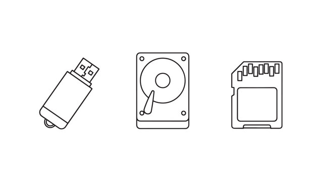 USB Drive, Hard Disk, and SD Card in Minimalist Line Art with Simple White Background for Tech Illustration