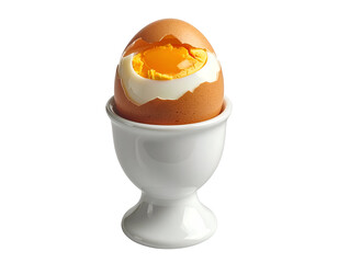 Soft boiled egg in a white egg cup showing the runny yolk presented against a clean white background for healthy breakfast concepts