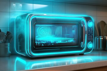 Futuristic Glowing Microwave Oven in a Modern Kitchen