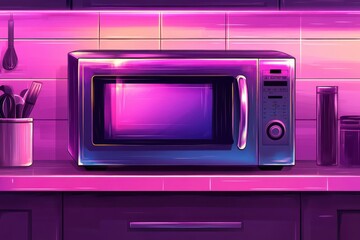 Futuristic Glowing Microwave in a Synthwave Kitchen