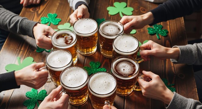 Overhead shot of friends toasting with beer mugs on a wooden table. St. Patrick's Day celebration with green shamrock decorations