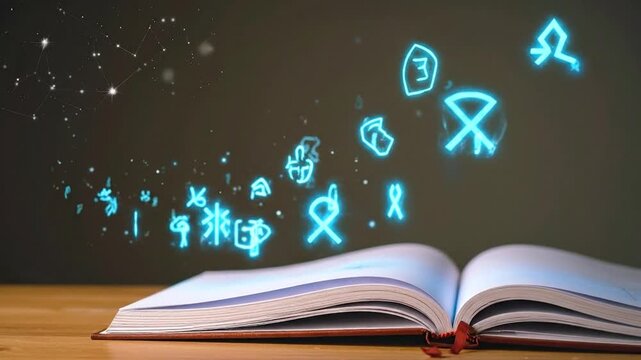 An open book with glowing symbols and constellations, representing knowledge and magic.