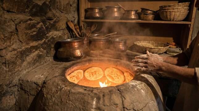 Traditional clay tandoor oven with baking naan, fire glow and flour