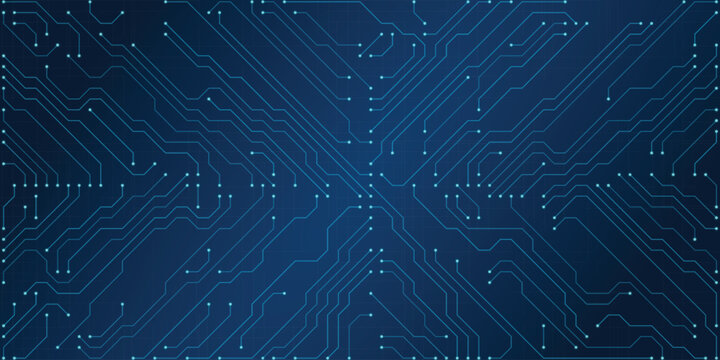 Futuristic blue circuit board pattern with glowing lines and nodes on a dark deep blue background for technology and innovation themes