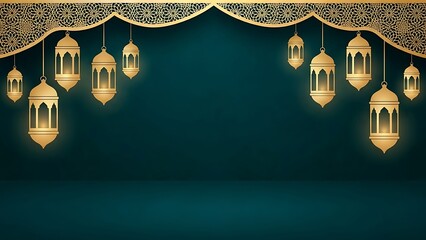 Elegant golden lanterns on emerald background for festive season design