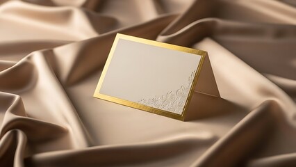 Elegant greeting card with golden frame on silk fabric background