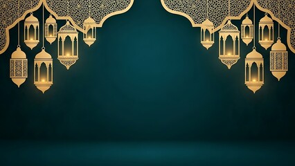 Elegant golden lanterns on teal background ramadan holiday theme design