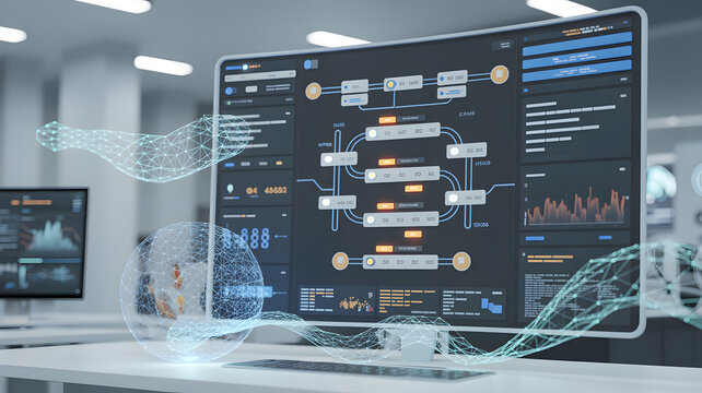 Futuristic dashboard interface on a curved monitor displaying complex data analytics and network flow for technology and business.