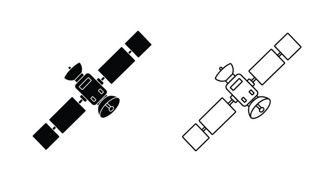 Two satellite illustrations one black and one white featuring a distinct silhouette