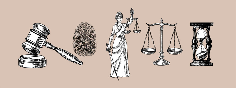 Sketch judicial law set. Themis lady justice, scales, fingerprint, gavel, hourglass. Engraved line style hand drawn vector illustration. Law, legal, court, arbitration, notary concept