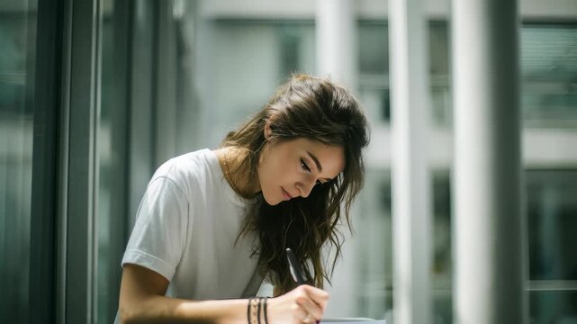 A concentrated young woman in a white t shirt writes in a notebook near a window, surrounded by glass walls. The scene captures a moment of creativity and productivity in a contemporary workspace