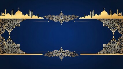 Elegant golden ornamental design on a deep blue background with copy space