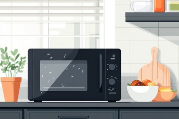 Black microwave with food rotating in a modern kitchen setting