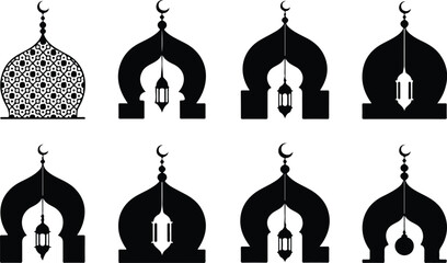 Eid Mubarak Mosque Dome Silhouette Icon Islamic Eid Greeting Typography Silhouette Set