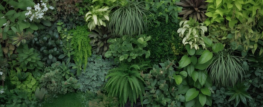 Variety of green plants and foliage in a lush garden setting with many textures