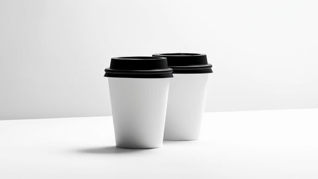 Two white disposable coffee cups with black lids isolated on a white background rotate slowly