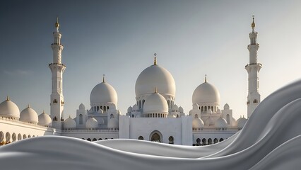 Grand architecture of a white mosque with minarets against a bright sky