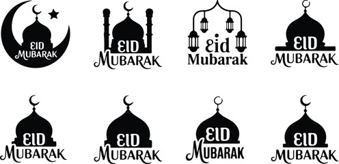 Eid Mubarak Mosque Dome Silhouette Icon Islamic Eid Greeting Typography Silhouette Set
