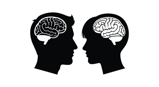Two heads facing each other brains visible striking black silhouette