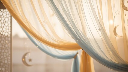 Elegant sheer curtains with celestial moon accents illuminated by soft sunlight