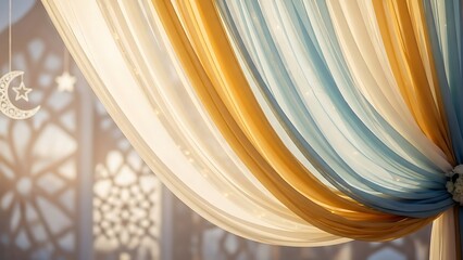 Elegant sheer fabric in yellow blue and white with decorative elements