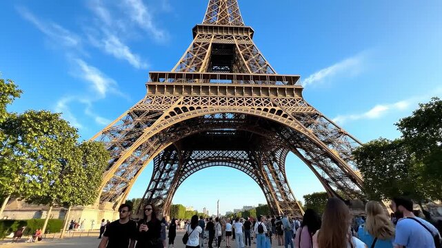 Visitors enjoying Eiffel Tower in Paris. Tourists take photos and explore architectural marvel under blue sky. Vibrant atmosphere captures essence of travel and adventure.