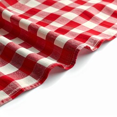 Fototapeta premium Red and White Gingham Checkered Tablecloth with Fold on White Background