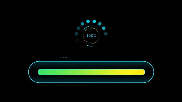 Neon loading progress bar animation with percentage indicator on dark background modern digital interface loopable video