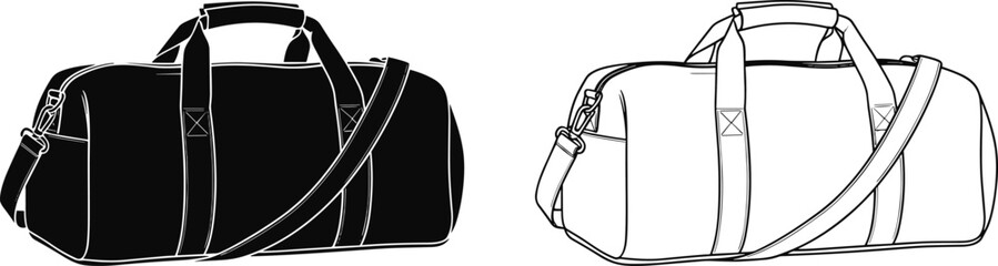 Unisex duffel gym bag technical flat sketch, travel luggage CAD drawing, sports bag vector illustration template, cad drawing flat vector illustration. © Najmin