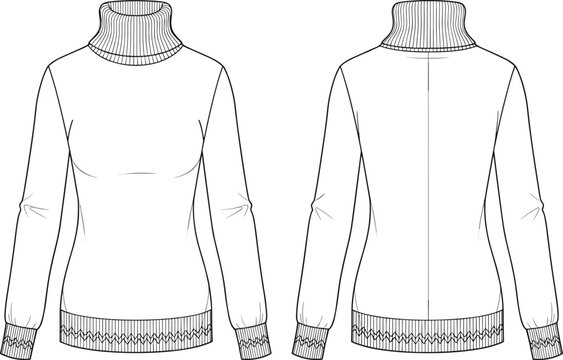 Women's ribbed turtleneck sweater technical flat sketch, long sleeve knit top CAD drawing, winter fashion vector illustration, cad drawing flat vector illustration.