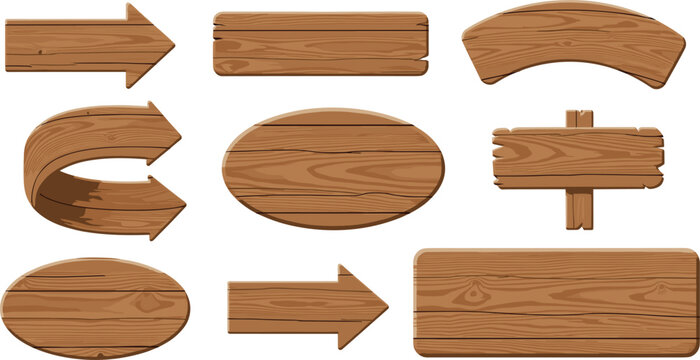Collection of blank wooden signs and arrow pointers in various shapes including oval, rectangular, and curved designs isolated on a white background.