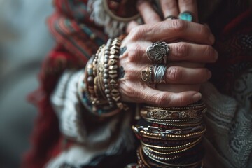 Elegantly adorned woman s hands showcasing intricate rings and shimmering bracelets in a soft, natural light.