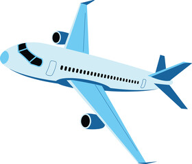 Light blue and dark blue passenger jet airplane flying in the sky with two engines and a tail fin © Hey there