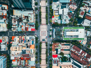 Nguyen Hue walking street in Ho Chi Minh aerial drone view, tourist attraction of asian Saigon city, Hochiminh Vietnam, directly above