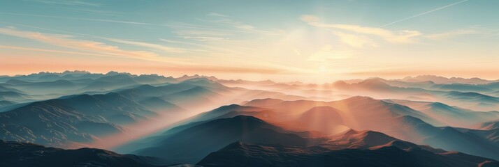 Majestic Mountain Range Illuminated by a Radiant Sunbeam Piercing Through the Clouds in a Clear Sky