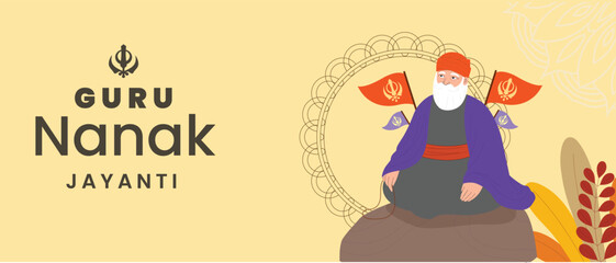 Fototapeta premium Happy Guru Nanak Jayanti Greeting with Guru Nanak Ji horizontal banner poster design