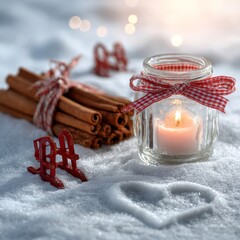 Cozy winter ambiance with a candle and cinnamon sticks beautifully arranged in a serene snowy setting.