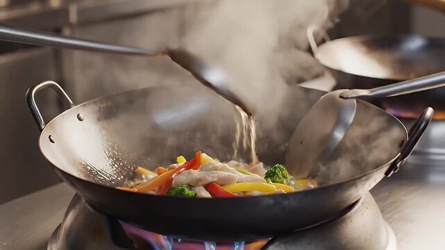 Chef Stir Frying Vegetables and Chicken in a Wok with Steam Rising Over a Gas Flame