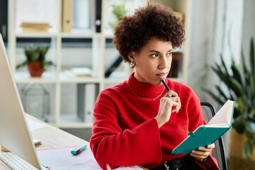 Focused young businesswoman brainstorming in a modern collaborative workspace